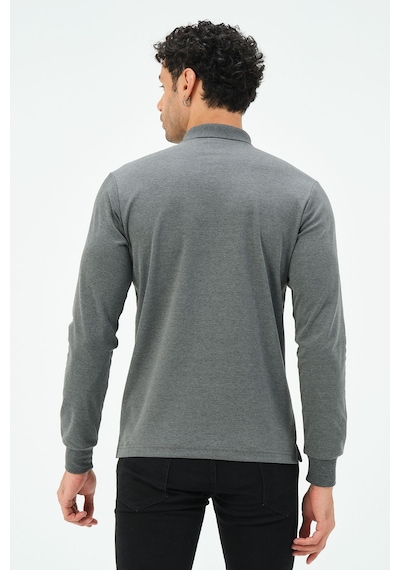 Fermuarlı Uzun Kollu Regular Fit Erkek Polo Yaka T-shirt Gri
