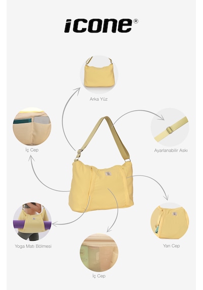 İcone Bag Paraşüt Kumaş Çanta - Yoga Mat Bölmeli, Fermuarlı Cepli, Ayarlanabilir Askılı, Fileli İç Cep Pembe
