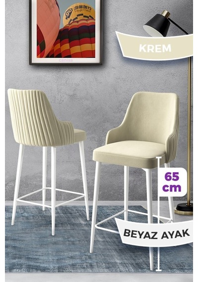 Canisa Tera Serisi 2 Krem Sandalye 65 Cm Ada Mutfak Bar Sandalyesi Babyface Kumaş Beyaz Metal Ayaklı Sandalyeler Krem Ayaklar Beyaz