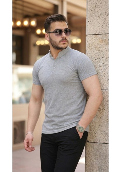Efnaz Style Erkek Hakim Yaka Dokuma Pamuklu Kumaş Kısa Kollu T-shirt Gri