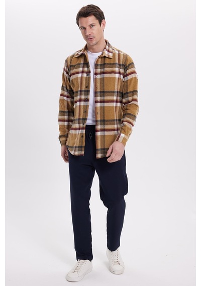 Tudors Erkek Slim Fit Dar Kesim Kareli Kışlık Oduncu Gömlek-42121 Bej