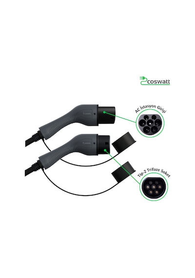 Coswatt Elektrikli Araç Tip-2 Şarj Kablosu 22 kW-32A-5M-380V AC