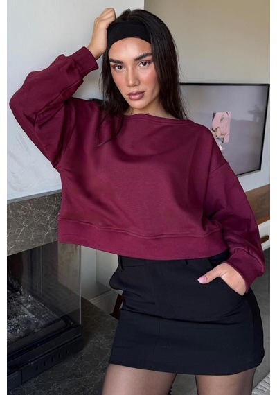 Bordo Kayık Yaka Kadın Sweatshirt Mg2208