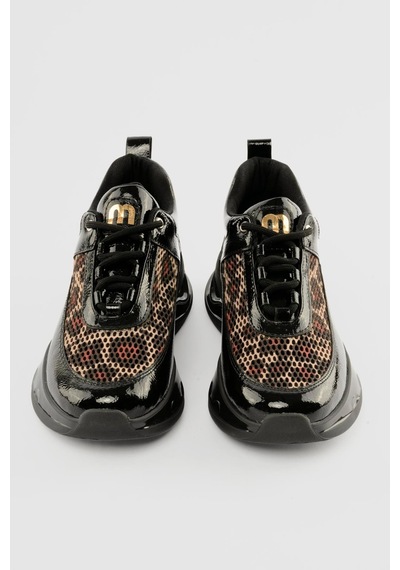 Mubiano Kadın Rugan Sneaker Leopar File Detaylı Kalın Tabanlı Bağcıklı Marsia Siyah Siyah