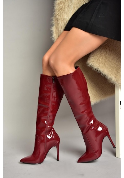Fox Shoes N372530108 Bordo Rugan İnce Topuklu Sivri Burun Kadın Çizme Bordo-rugan Bordo