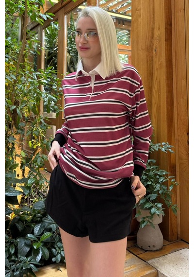 Bordo Çizgili Polo Yaka Kadın Uzun Kollu Tişört Mg2575 Bordo