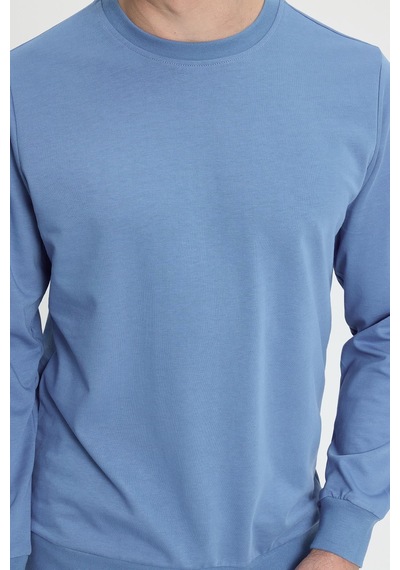 Tudors Erkek Relax Fit Rahat Kesim %100 Pamuk 2 İplik Bisiklet Yaka Mavi Sweatshirt-41518
