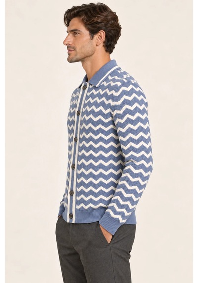 Tarz Cool Erkek Polo Yaka Zikzak Desenli Düğmeli Triko Hırka Akrilik Karışımlı Slim Fit Mavi