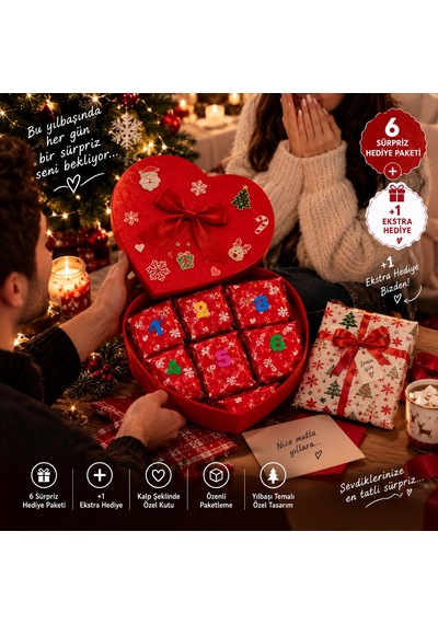 Advent Calendar Yılbaşı Hediye Kutusu - Sevgiliye Özel Kalp Kutulu Bijuteri & Sürpriz Hediye Seti 6+1 Sürpriz Paketi