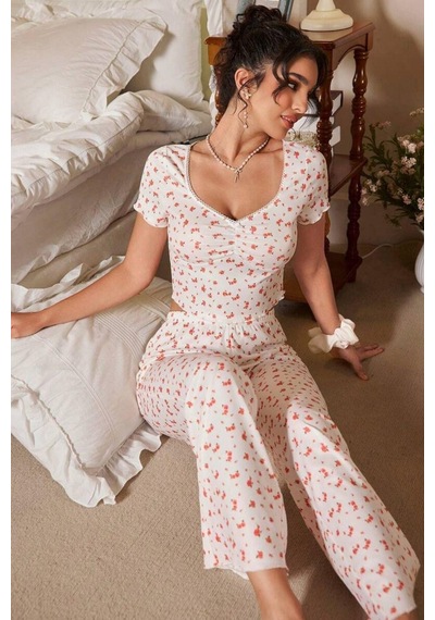 Bella Notte Ekru V Yaka Kısa Kollu Pijama Takımı
