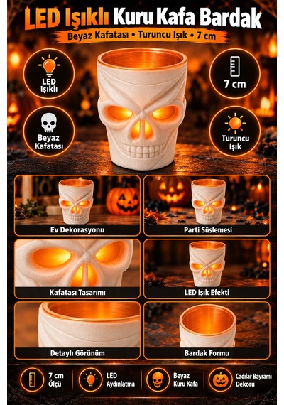 Halloween Cadılar Bayramı Led Işıklı Kuru Kafa Bardak 7 Cm Beyaz Kafatası Ev Ve Parti Dekoru Renkli