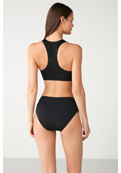 Kom Ritsle Düz Renk Fermuarlı Bikini Siyah