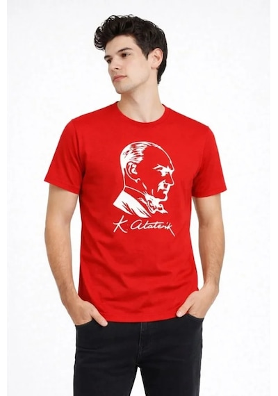 De'charme Erkek Atatürk Baskılı Tişört Kısa Kollu Bisiklet Yaka T-shirt - Kırmızı