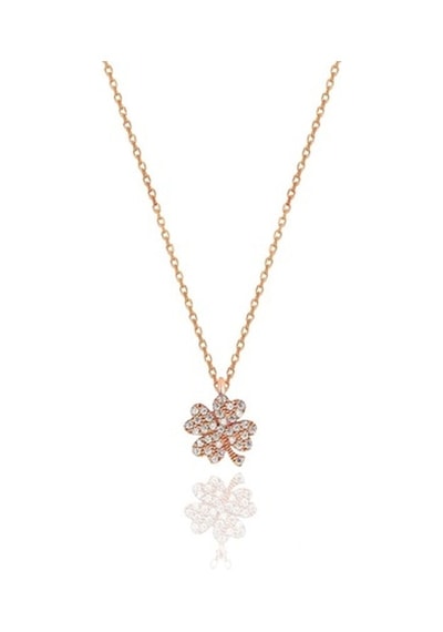 Gümüş Rose Zirkon Taşlı Yonca Kolye Ve Küpe Gümüş Ikili Set