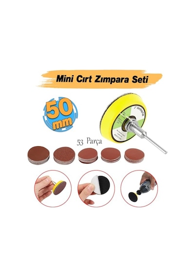 Pimli Mini 53'lü Cırt Zımpara Seti 50 Mm Taban Matkap Uyumlu 80 120 320 600 800 Kum Karışık Grit