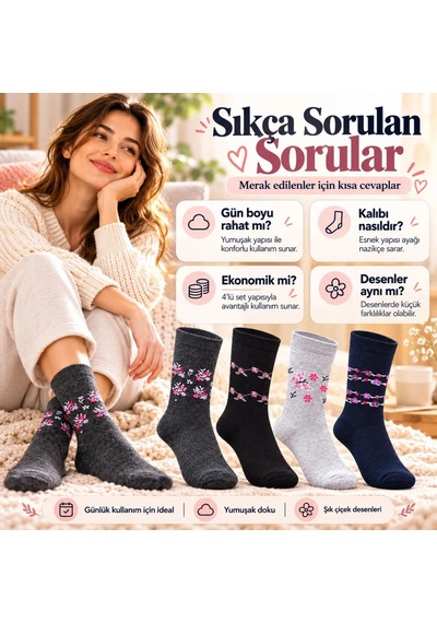 Genel Kadın Ekonomik Soket Çorap 4'lü Seti Çiçek Desenli Bayan Günlük Çora Çok Renkli / 36-40 / 4 Adet Çok  Renkli