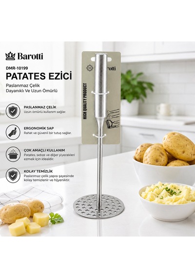 Barotti Dmr-10199 Yuvarlak Metal Patates Ezici - Çap 8 Cm, Toplam Uzunluk 26.5 Cm