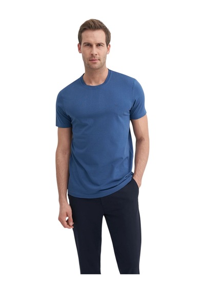 Cazador Erkek Slim Fit Bisiklet Yaka Pamuklu Düz Tişört 4623 İndigo