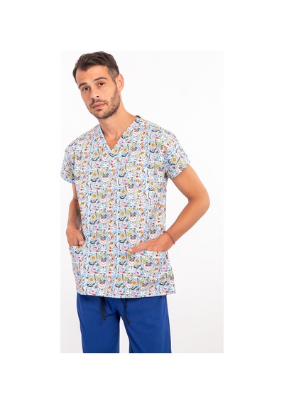 Unisex Master Likra Doktor Desenli Pamuklu Likralı Scrubs Tek Üst Üniforma Karışık Karışık