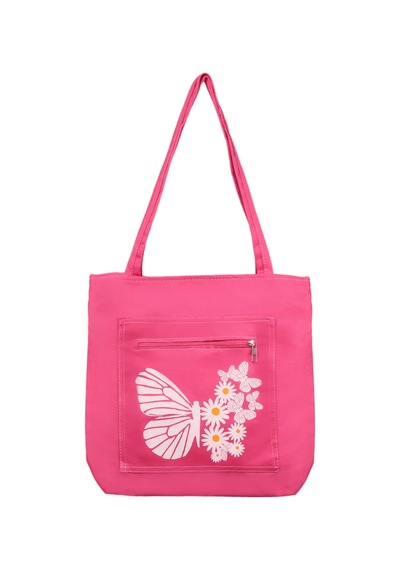 Toz Vintage Kelebek Ve Papatya Desenli Fermuarlı Bez Kol Omuz Çantası Pembe
