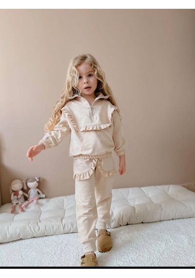 Lolliboomkids Kız Çocuk Yeni Sezon Taş Renk Kol Fırfır Detaylı Yaka Fermuarlı Alt Üst Takım Açık Gri