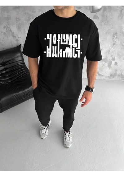 Erkek Tişört Kısa Kol Bisiklet Yaka Katlanan Hanımcı Baskılı T-shirt - Siyah