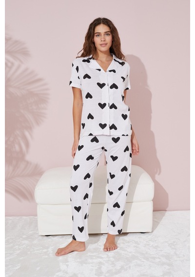 Siyah İnci Örme Pamuklu Düğmeli Pijama Takım Beyaz Siyah Kalp