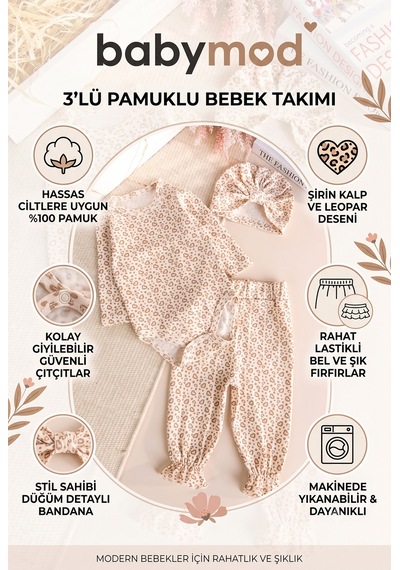 Babymod Kalp Desenli Natürel 3 'lü Pamuklu Kız Bebek Takım Ekru