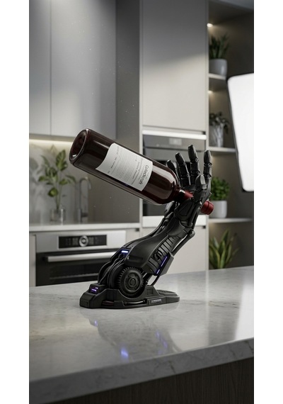 Robotik Cyborg Kol Şarap Şişesi Tutucu - Futuristik Mekanik El Tasarımlı Dekoratif Şaraplık