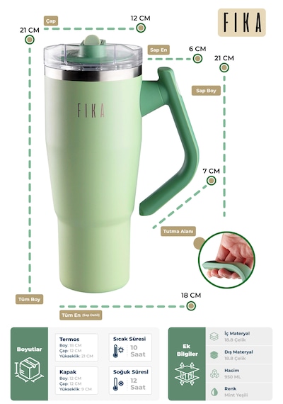 Fika Lumi Patentli Döner Kulplu Sızdırmaz Çift Ağızlıklı Çelik Termos 950 Ml Mint Yeşili