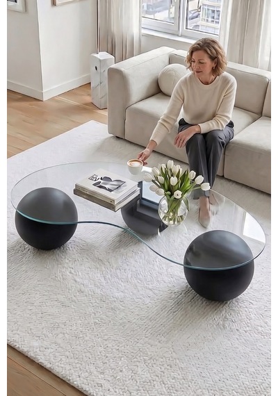 Evsimo Modern Küre Orta Sehpa - Bohem 8mm Cam Top Sehpa Siyah