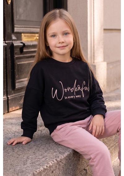 Fullamoda Kabartma Baskılı Oversize Kız Çocuk Sweatshirt Siyah