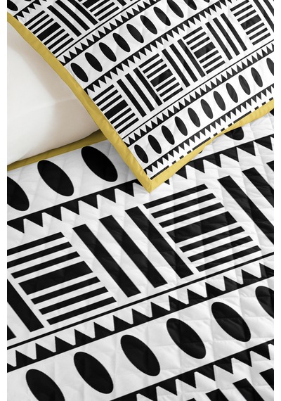 Siyah Beyaz Geometrik Modern Pike Takımı - Etnik Minimal Hardal 160x220 Cm Mevsimlik Yatak Örtüsü Haki