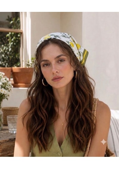 Trend Dokunuş Kadın 50-50 Saten Limonlu Fular Bandana Sarı