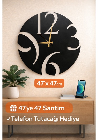 Dekoratif Sessiz Siyah Metal Duvar Saati 47x47cm Metal Telefon Tutacağı Hediyeli