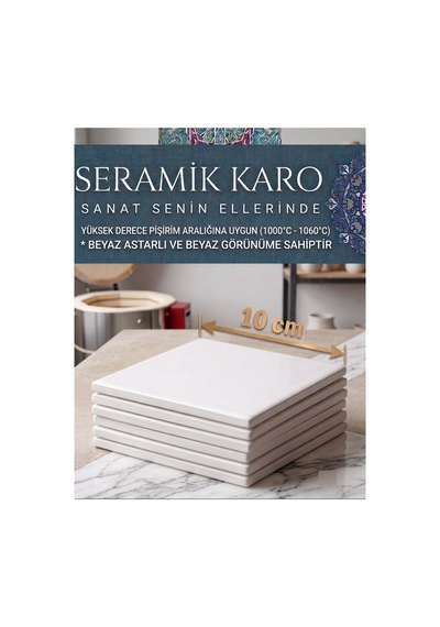 6'lı Set 10x10 Cm Ham Seramik Karo Bisküvisi Astarlı Beyaz 1000-1060 Derece