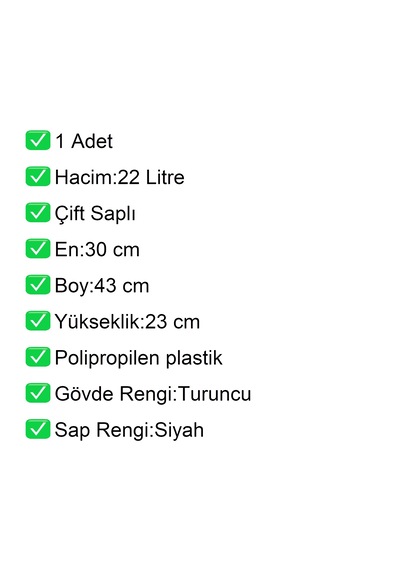 Plastik Alışveriş El Sepeti Çift Saplı 22 Litre Turuncu 1 Adet / En:30 Boy:43 Yükseklik:22 Cm Turuncu