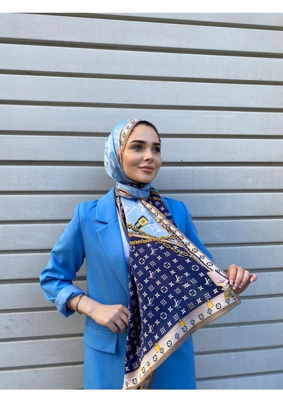 Miorel Scarfs Premium Kalite Lv Desen Vual İpek Şal Yeni Sezon Silk Scarfs Shawl Hijab Fular Mavi Turkuaz