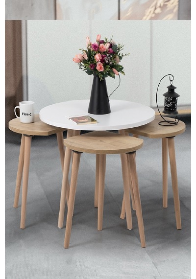 Pissa / Orta Sehpa / Sehpa Seti / Sehpa Takımı / 5 Parçalı Sehpa Seti Beyaz+meşe