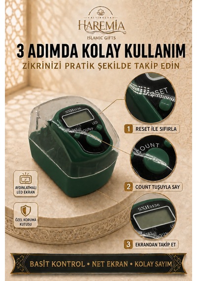 Özel Kutulu Ledli Zikirmatik Dijital Sayaç Mevlid Kandil Hediyesi Yeşil Siyah