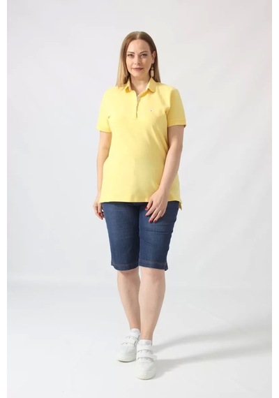 Moda Berray 21305 Kısa Kollu Büyük Beden Lakost Kumas T-shirt Sarı Sarı