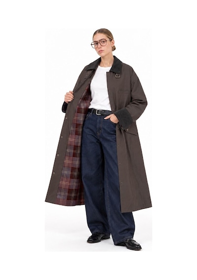 Hiccup Oversize Kadife Yakalı Ekose Astarlı Uzun Trençkot Kahverengi