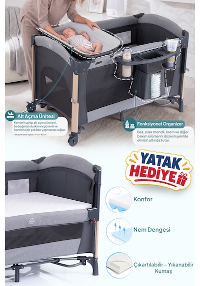 Prego Elips Plus Anne Yanı Park Yatak Oyun Parkı Sallanır Beşik Kolay Katlanır Aliminyum Kasa + Yatak Hediyeli