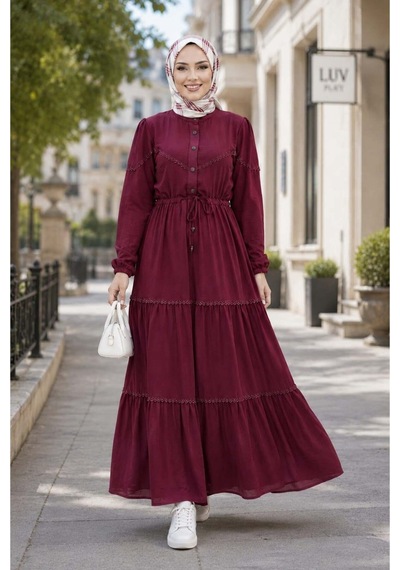 Hb Harma Time Butik Kadın Düğmeli Dantel Detaylı Beli Bağcıklı Ayrobin Bordo Elbise Bordo Bordo Hb Harma Time Butik Kadın Düğmeli Dantel Detaylı Beli Bağcıklı Ayrobin Bordo Elbise Bordo Bordo