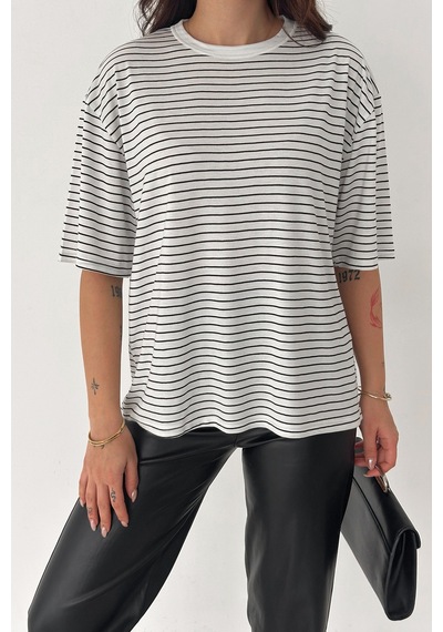 Noa & Noa Kadın Oversize Çizgili Tişört Monochrome Ease Beyaz