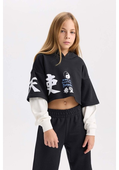 DeFacto Kız Çocuk 2'li Takım Bisiklet Yaka Baskılı Sweatshirt Beli Lastikli Jogger Eşofman Altı D4066A824WNBK26 Siyah