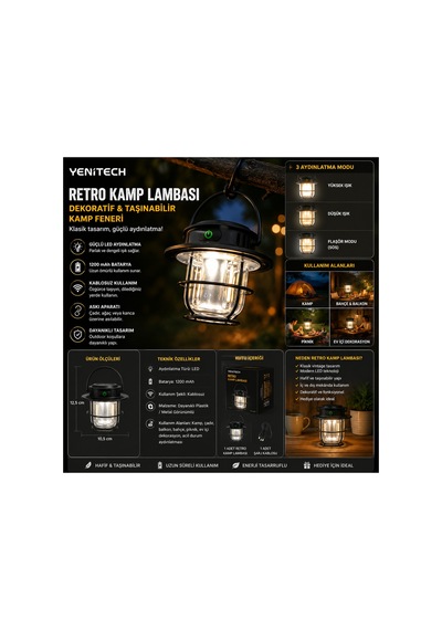 Şarjlı Kamp Lambası Led Gece Feneri Taşınabilir Balkon Piknik Kamp Feneri Askılı Kamp Feneri Siyah