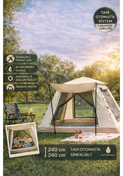 6 Kişilik Otomatik Kurulumlu Kamp Çadırı Sineklikli & 1000 Mm Su Geçirmez Outdoor Çadır Bej