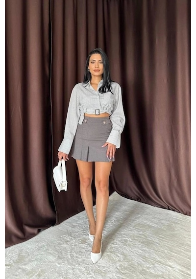 Defymoda Füme Düğme Detaylı Pileli Etek Füme