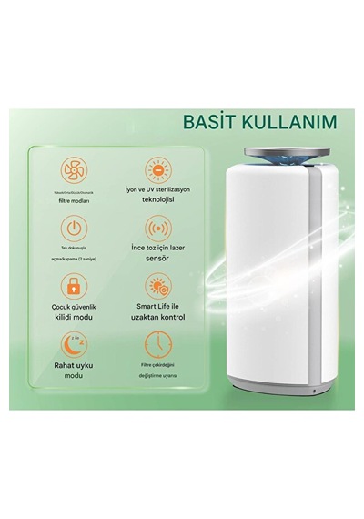 Akıllı Hava Temizleyici H13 Hepafiltre Uv-c Işıklı İyonizerli Koku Toz Giderici Alerji Sterilizasyon Beyaz